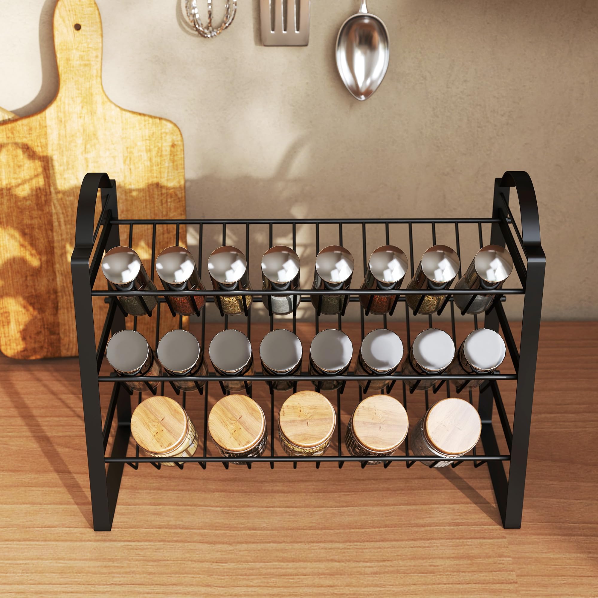 HOMCOM Porta Spezie per Cucina a 3 Livelli, Portaspezie Salvaspazio con Ripiani Inclinati in Metallo, Facile da Montare, per Mobili e Piano Cucina, Nero