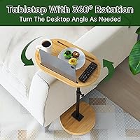 Vista 4 de NiHome Mesa giratoria de bambú para reposabrazos para sofá con base estable gruesa, mesa auxiliar de bandeja de TV de altura ajustable con rotación