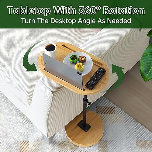Miniatura 4 de NiHome Mesa giratoria de bambú para reposabrazos para sofá con base estable gruesa, mesa auxiliar de bandeja de TV de altura ajustable con rotación