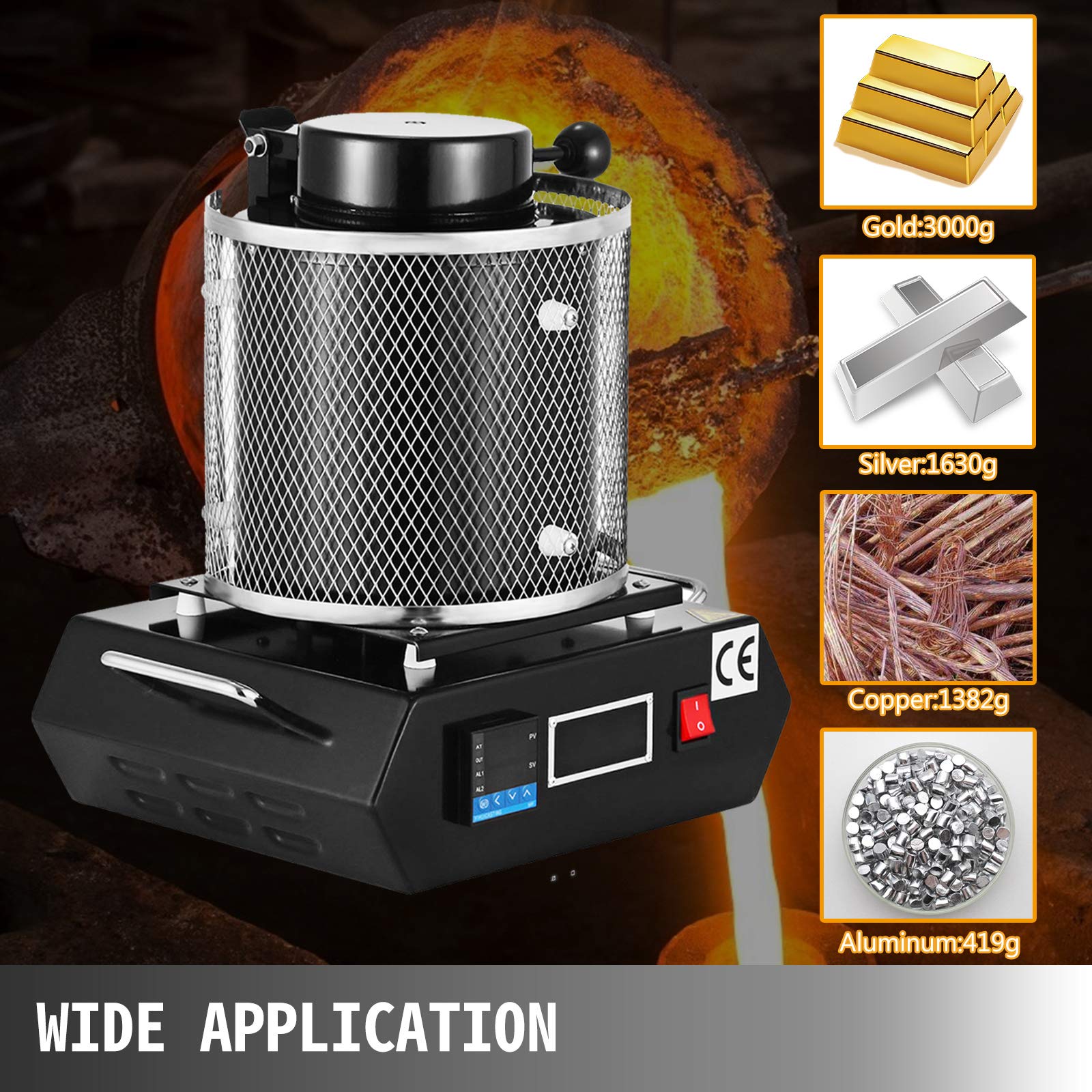 VEVOR Forno di Fusione per Oro 1350 W, Temperatura Max. 1150 ℃, Forno Fusorio Elettrico con Crogiolo in Ceramica da 3 kg, Lavorazione Raffinazione di Metalli, Nero