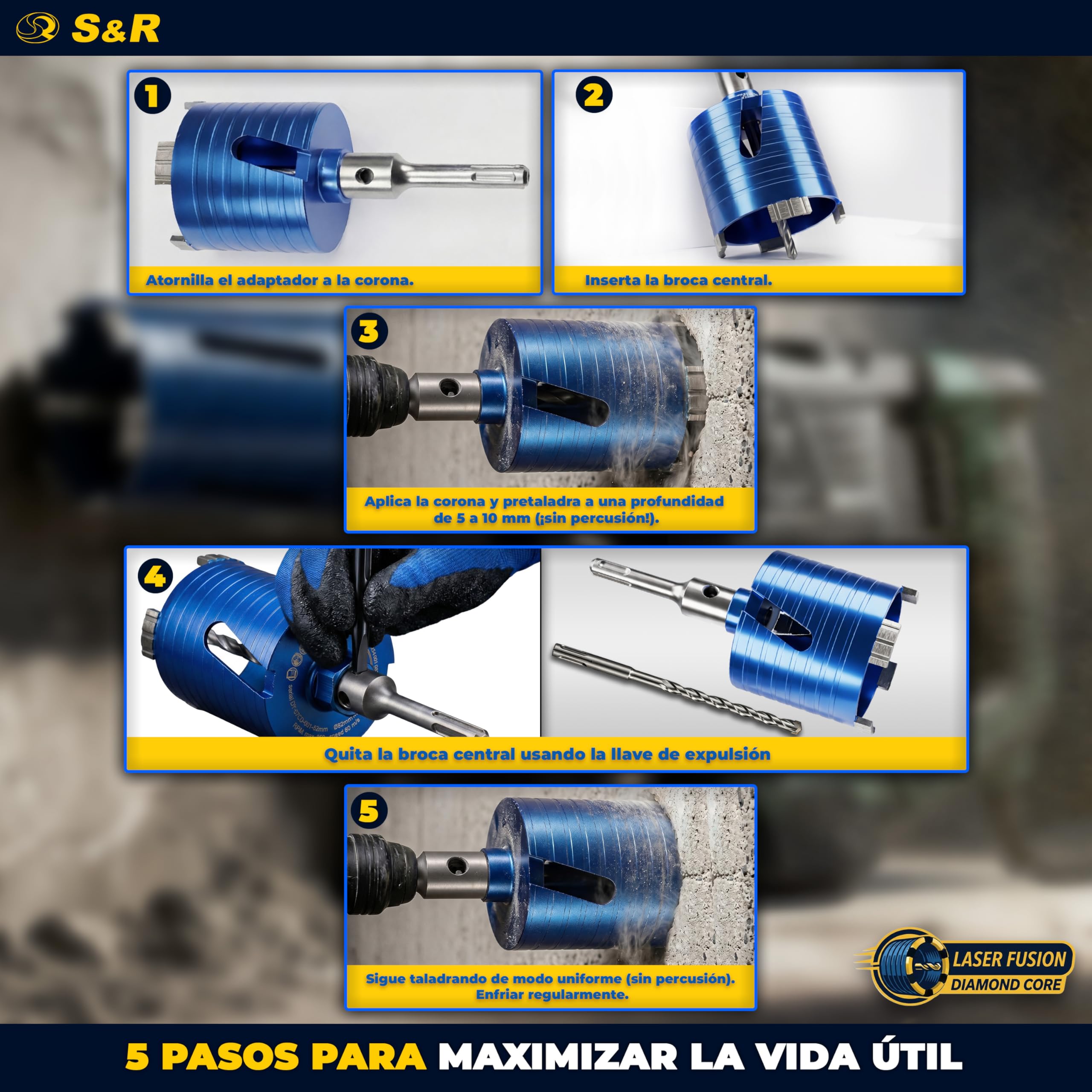 S&R Corona de Perforación de Diamante – Set 72 mm - Altura de segmento 10 | Broca Central 8 x 120 mm + Adaptador SDS-plus + Caja estable - Avellanador de latas