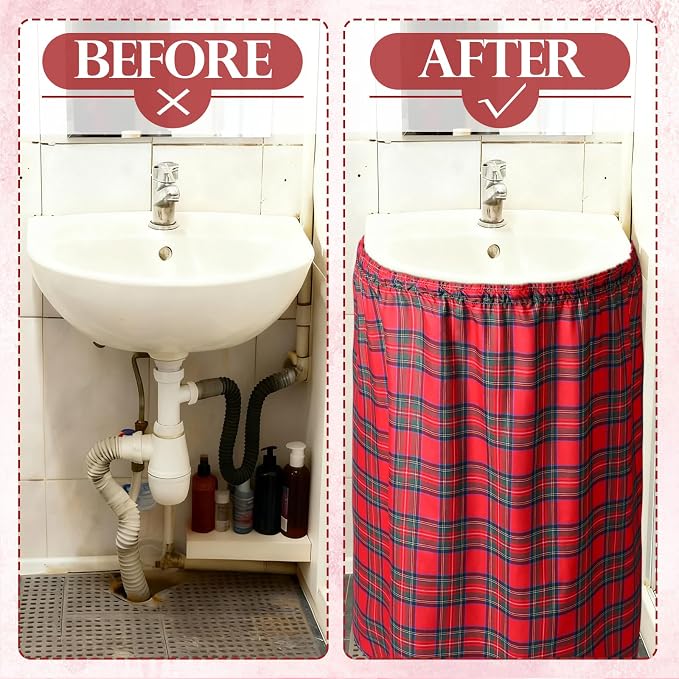 Falda autoadhesiva para fregadero Hahafelt, tela impermeable de 55"x32" con diseño de puntada diamante, cubre tuberías y organiza baño, cocina y lavado estilo tartán miniatura 3