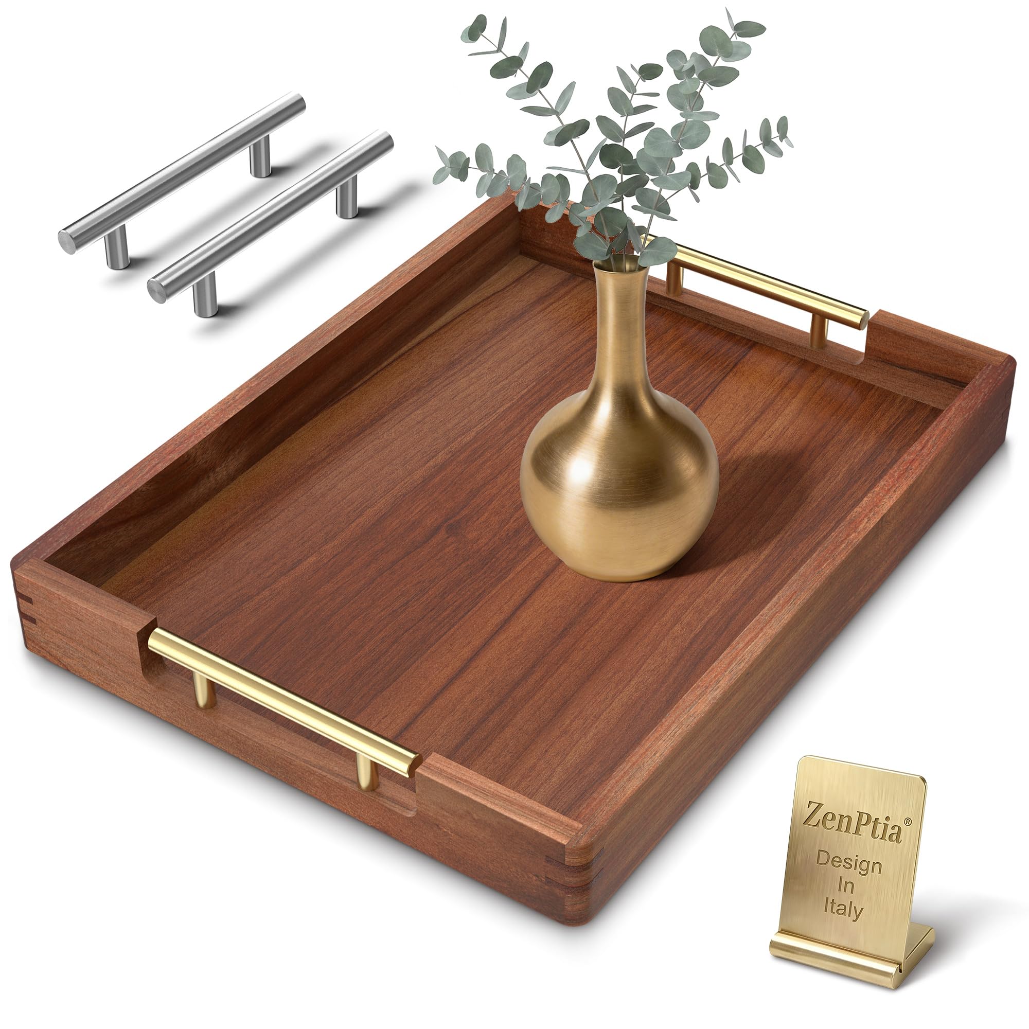 Photo 1 of ZENPTIA Acacia Wood Serving Tray with 2 Sets of Handles (Gold & Silver) - 17" Large Wooden Tray for Ottoman Coffee Table, Decorative Tray for Living Room & Kitchen - Solid Wood Table Topper