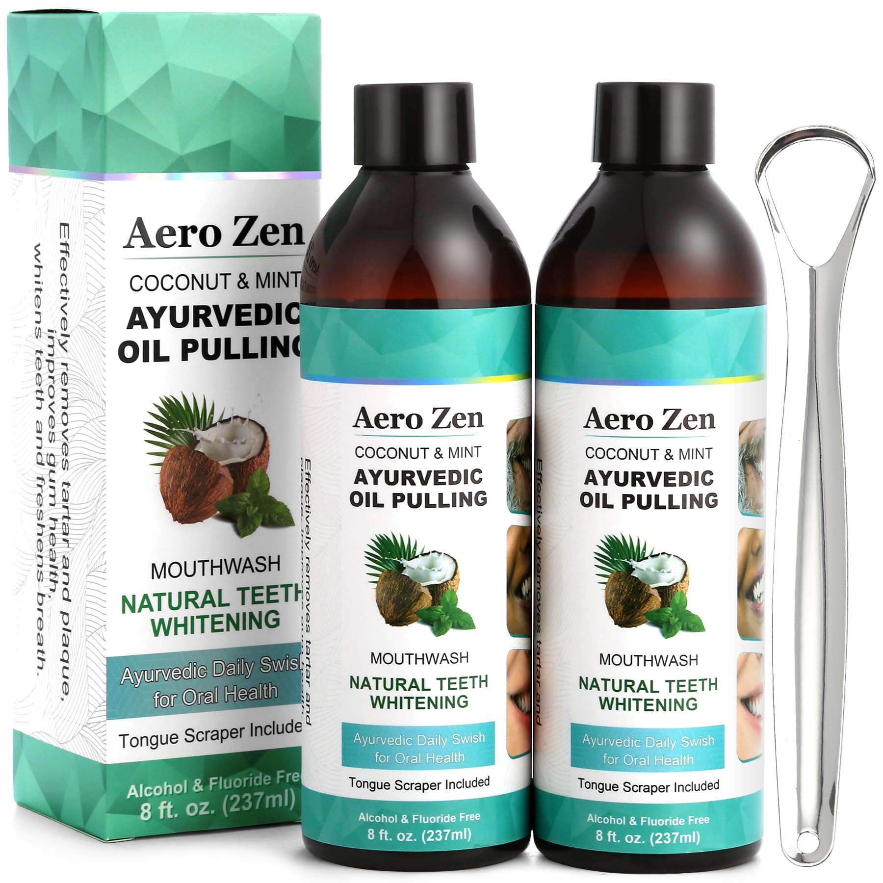 2-Pack Coconut Oil Pulling Mouthwash with Peppermint - Alcohol-Free Oral Care - Fresh Breath Solution - Organic Essential Oils Formula with Tongue