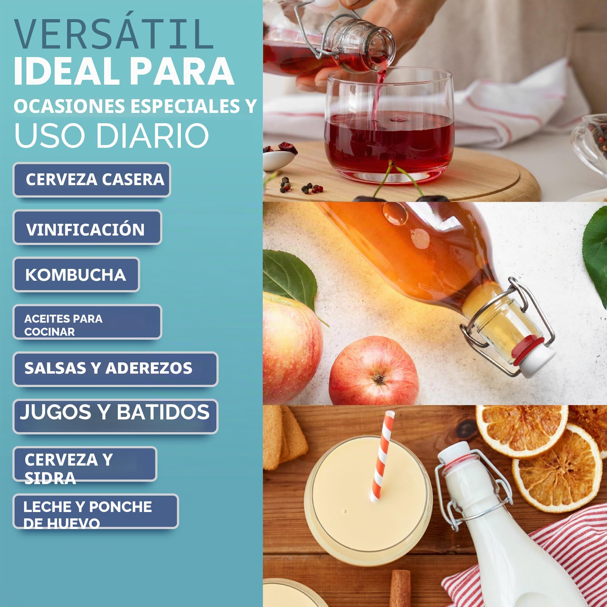 Botellas de vidrio HEFTMAN con cierre hermético, 1 litro, paquete de 6 botellas transparentes con tapa hermética para vino, especias, bebidas, aceite, vinagre, kombucha y agua, 6 unidades (1 litro)