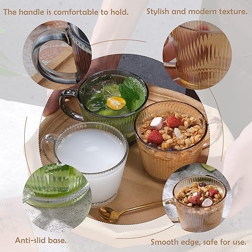 Miniatura 4 de Tazas de café vintage de 13 onzas, paquete de 2 tazas de té de vidrio a rayas con asa, taza de café transparente apilable para bebidas de café con