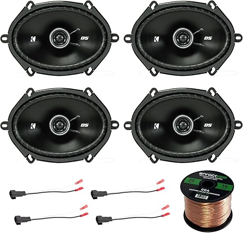 4 altavoces coaxiales Kicker Serie D de 6 x 8 pulgadas, 200 W, 2 vías y 4 ohmios, 4 adaptadores de arnés de altavoz Enrock calibre 16 con bala roja