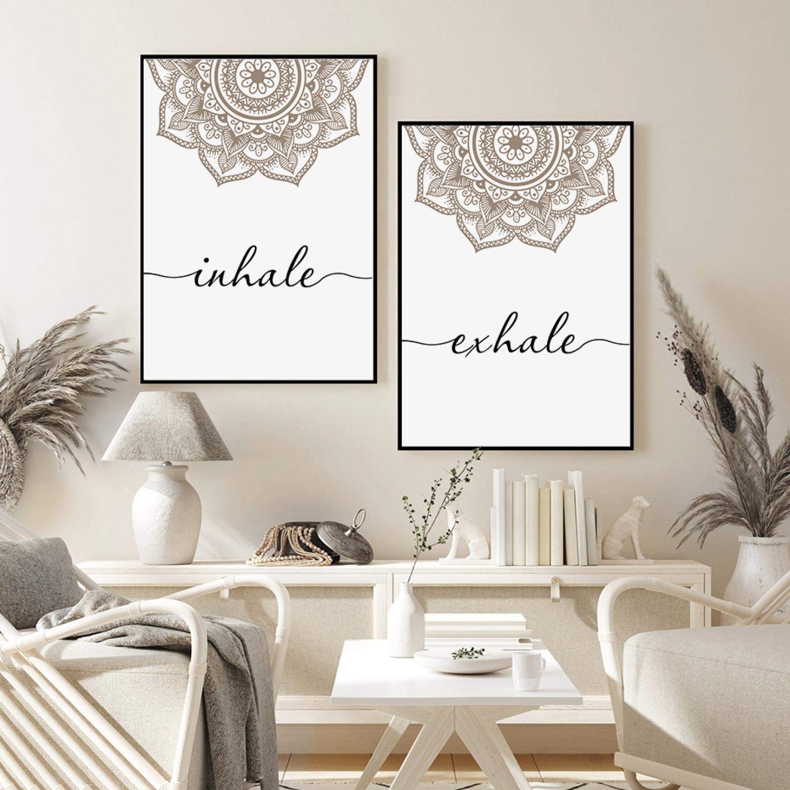 Oushion Art White Bohemian Exhale Inhale Mandala Mindfulness Zen Wall Art Canvas Poster Yoga Studio Canvas Painting Living Room Home Decor 60X40cmx2pcs Frameless