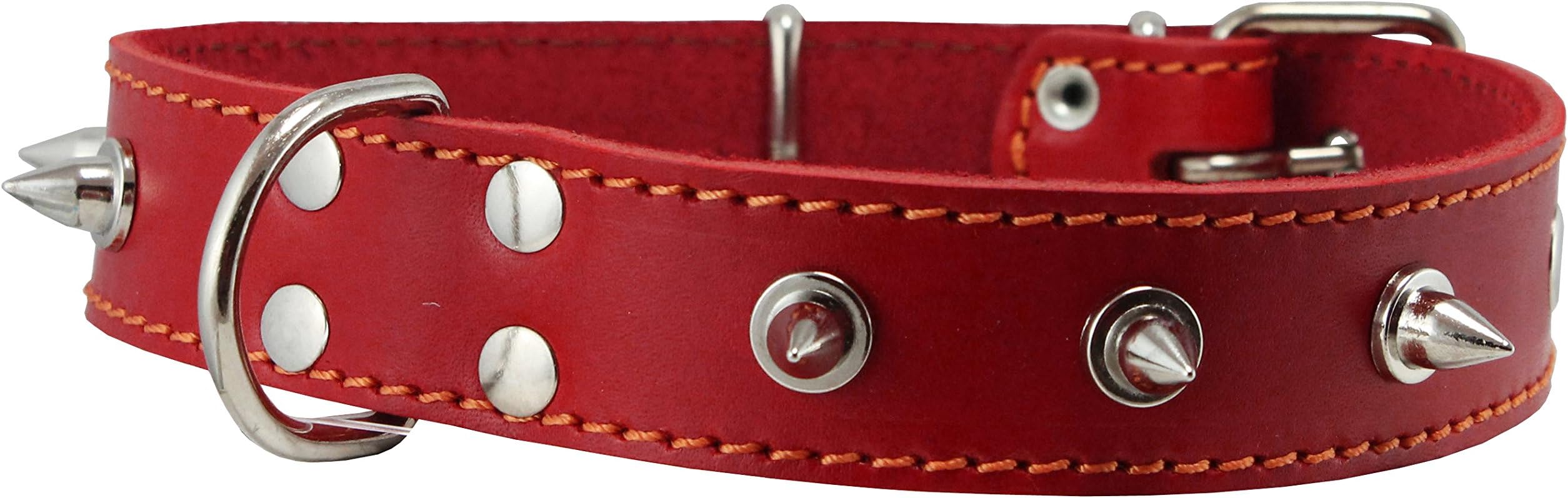 Real Leather Red Spiked Dog Collar Spikes, 1.25" Wide. Fits 15.5"-20" Neck, Medium Breeds