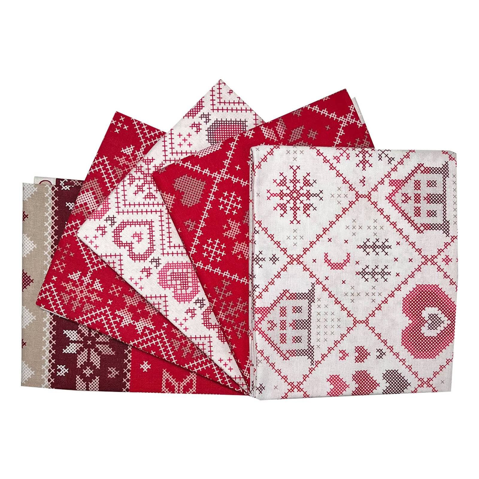 The Co - Cross Stitch by Stuart Hillard Christmas Fat Quarters Bundle Pack of 5 (18'' x 22'') 100% Fabric for s, Quilting, Patchwork, Christmas Sewing Projects, Red, White