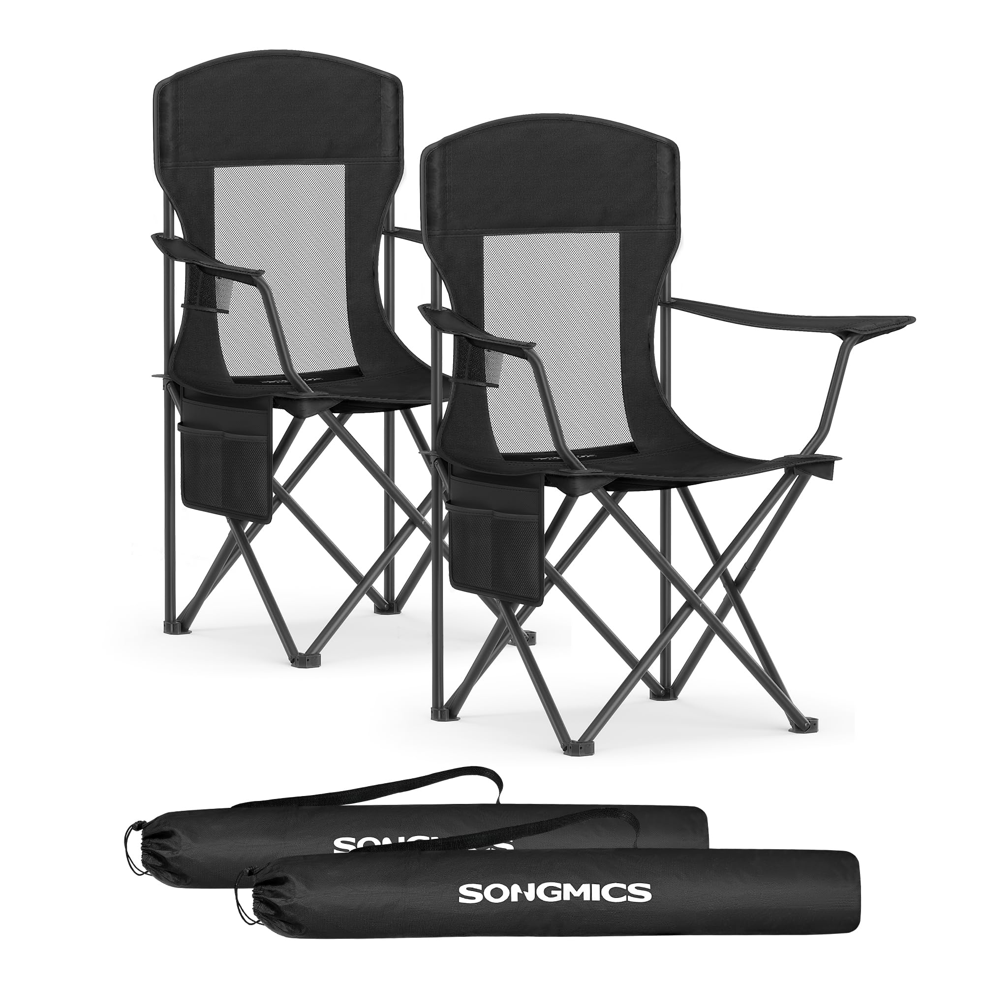 SONGMICS Campingstuhl 2er Set, Klappstuhl Outdoor, Angelstuhl, hohe Rückenlehne, verstellbare Armlehnen, Getränkehalter, klappbar, bis 150 kg belastbar, Camping Garten