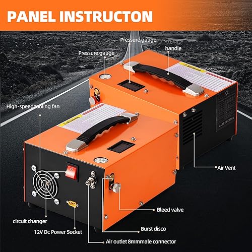 Miniatura 5 de Compresor de aire PCP, 4500 psi30 Mpa, alimentado por 110 V CA  12 V CC, parada manual, sin aceitesin agua, ventilador de refrigeración integrado,