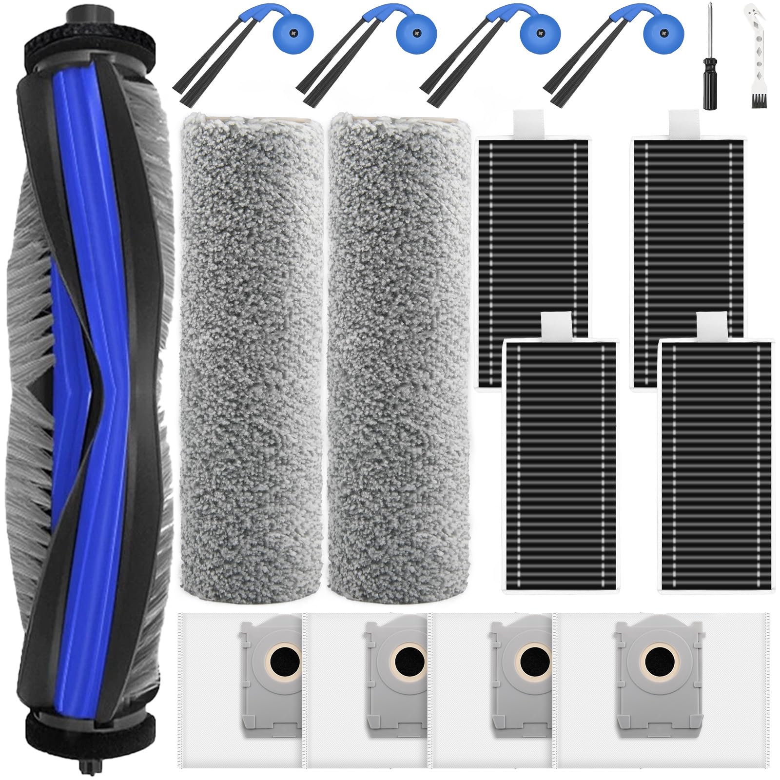 17 Stück Zubehör für ECOVACS DEEBOT X9 PRO Omni / X11 PRO Omni / T80S Omni Saugroboter, 4 Staubbeutel 4 Seitenbürste 4 Filter 1 Hauptbürste 2 Wischwalze 1 Reinigungsbürste 1Schraubendreher