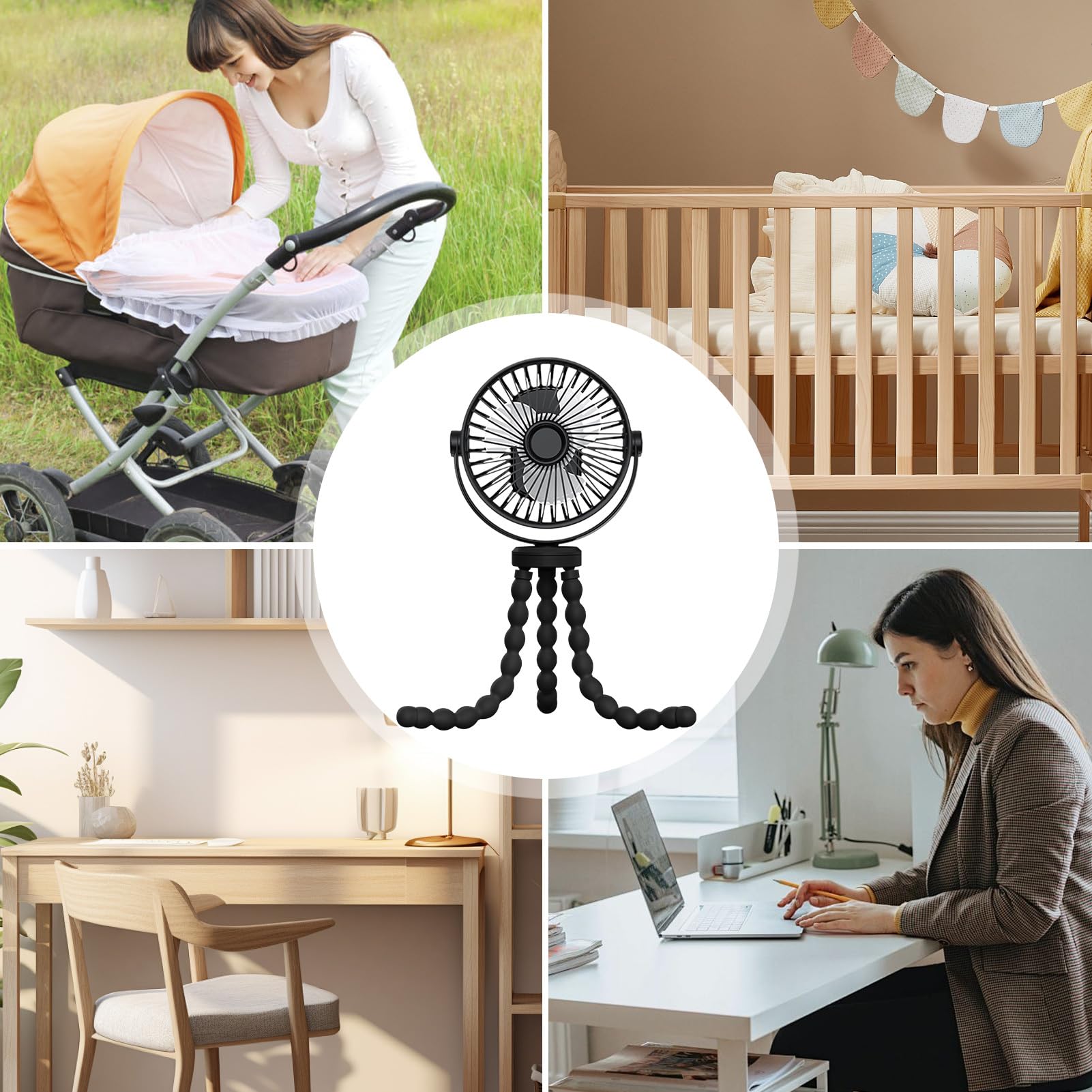 Tragbarer Kinderwagen-Ventilator – Tragbarer Kinderwagen-Ventilator mit 3 Geschwindigkeiten und Nachtlicht, 360° drehbarer Mini-Handheld- , USB-wiederaufladbarer Mini-Ventilator für Kinderwagen