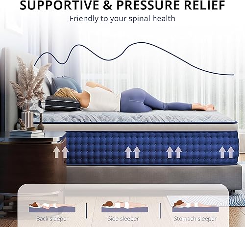 Miniatura 4 de Colchón híbrido King de 14 pulgadas en una caja, resortes embolsados individuales para aislamiento de movimiento y alivio de presión, soporte de