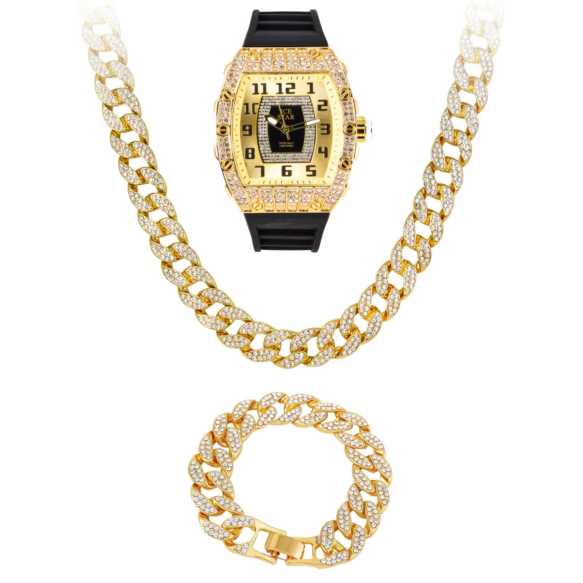 Photo 1 of Techno Pave Men's Iced Out 41mm Tonneau Shape Watch & Cuban Set, Numeral Dial - Gold Black