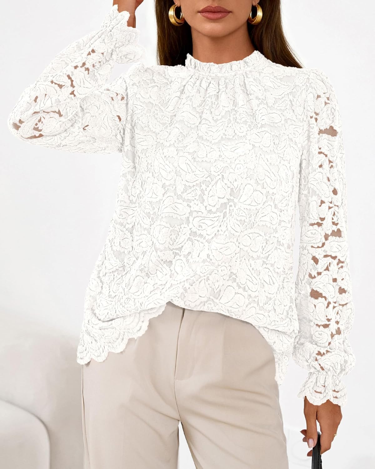 KIRUNDO Blouses for Women Dressy Casual Lace Long Sleeve Tops Mock Neck Ruffle Hem Shirts Fall Fashion Clothes - Image 6