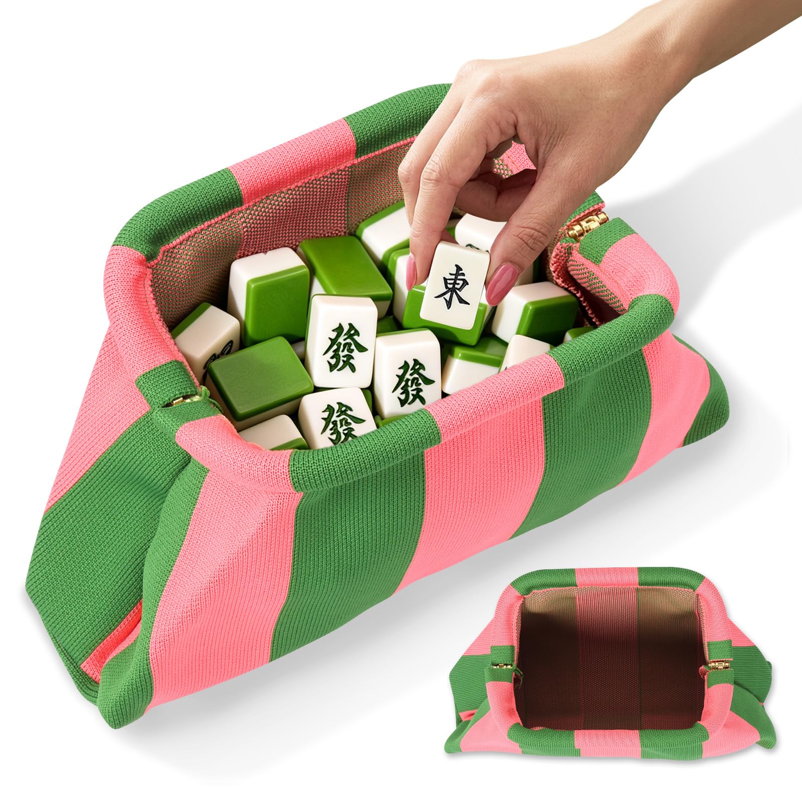 RHAIQBVC Mahjong Tile Bag Mahjong Empty Bag Crochet Purses for Women triped Dumpling Bags Summer Beach Evening Handbag for Mahjongs Tile Vacation Supplies(Pink and Green)