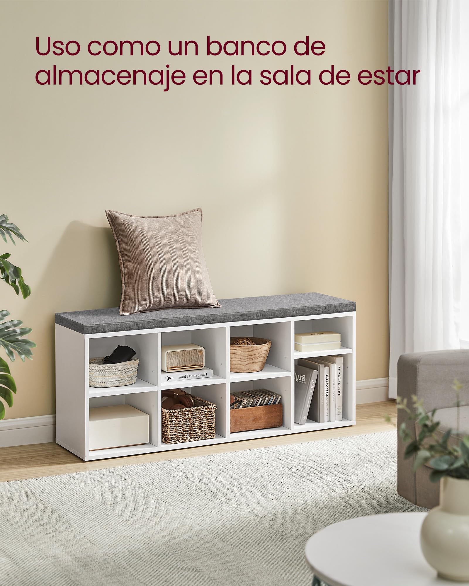 VASAGLE Banco Zapatero, Organizador Zapatero con 8 Compartimentos y 4 Estantes Ajustables, Asiento Acolchado, Compacto, para Entrada, Pasillo, Armario, Blanco Nube LHS238W14