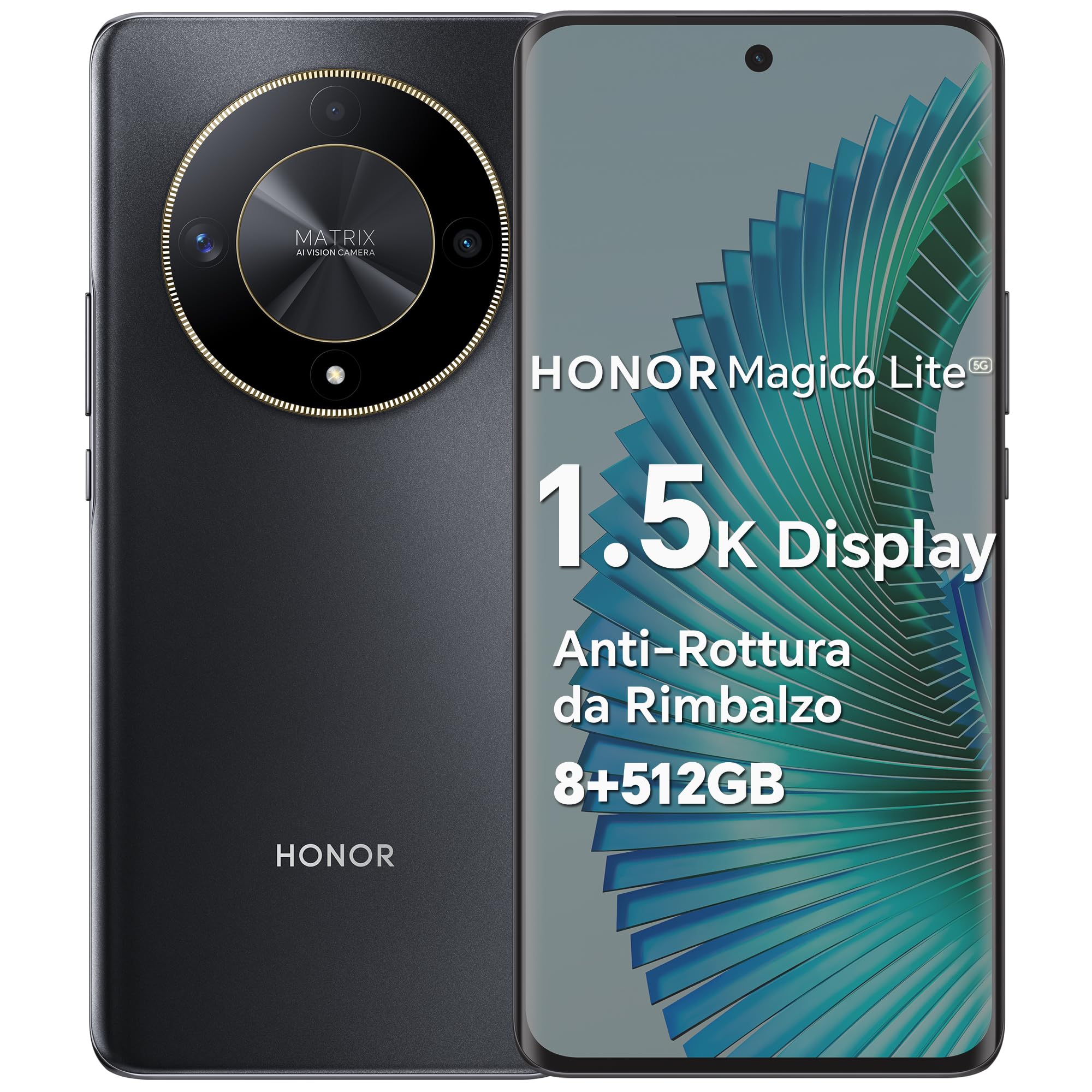 HONOR Magic6 Lite Smartphone 5G Android 13 Dual SIM NFC, 8GB RAM 512GB, AMOLED da 6.78 pollici anti-rottura da rimbalzo con Snapdragon 6 Gen 1,108MP,5300 mAh, Midnight Black [Versione italiana]