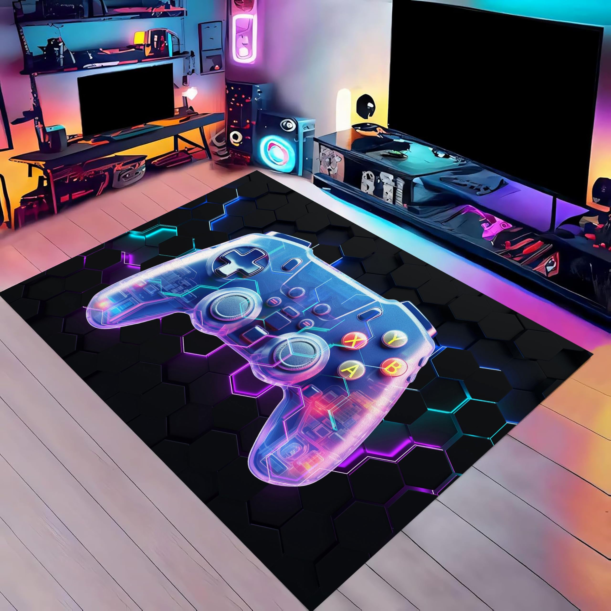 SOJAWA Area Rug, 180x230cm Black 3D Geometric Pattern Printed Rugs, Cool Colorful Letter Video Game Handle Rug, Non-Slip Indoor Mat for Living Room Bedroom Dormitories for Areas With High Traffic