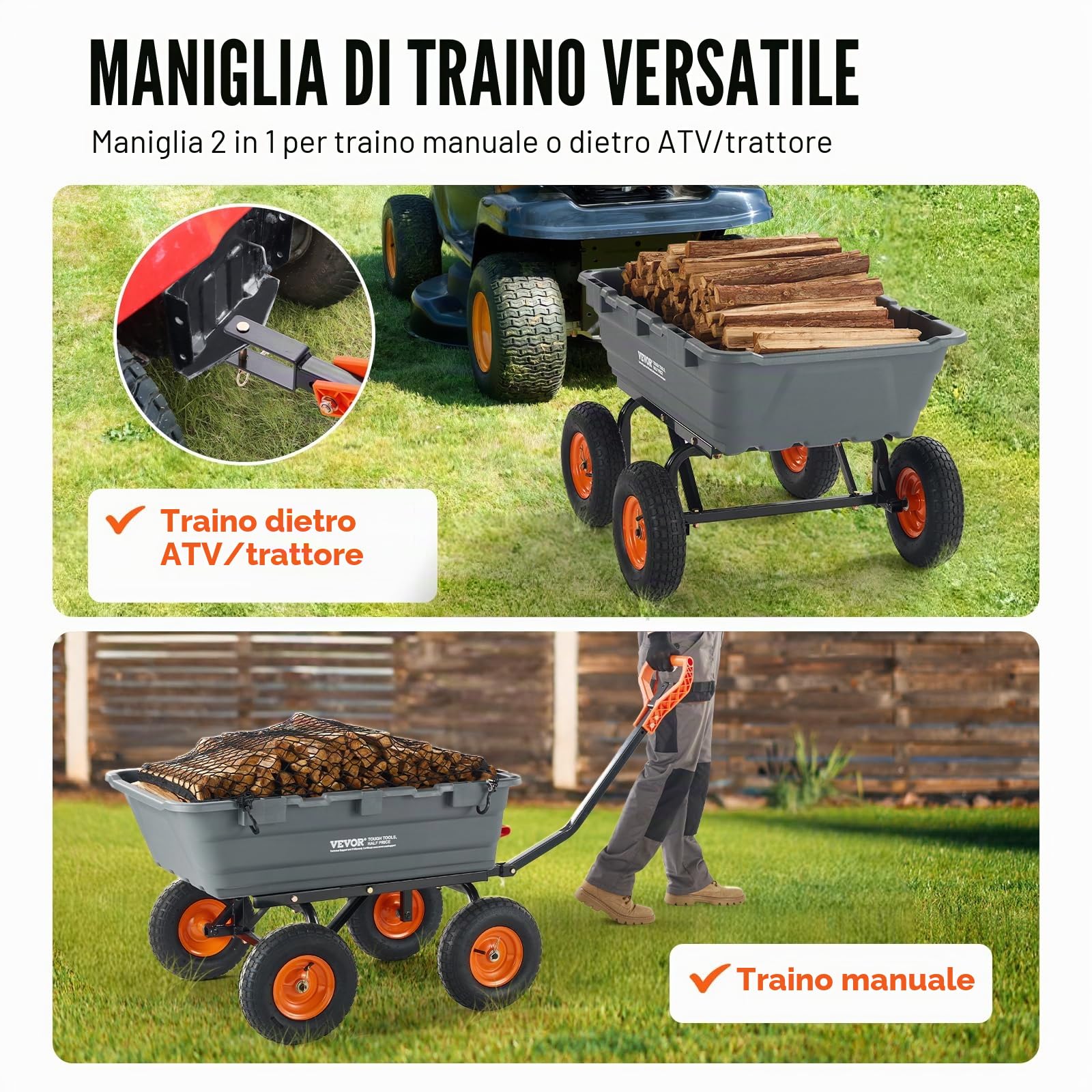 VEVOR Carrello Ribaltabile 1025 x 640 x 280 mm Carrello Ribaltabile da Giardino in polietilene, Telaio in Acciaio Facile Montare, Maniglia Convertibile 2 in 1, Capacità 544,31 kg Pneumatici 330,2 mm