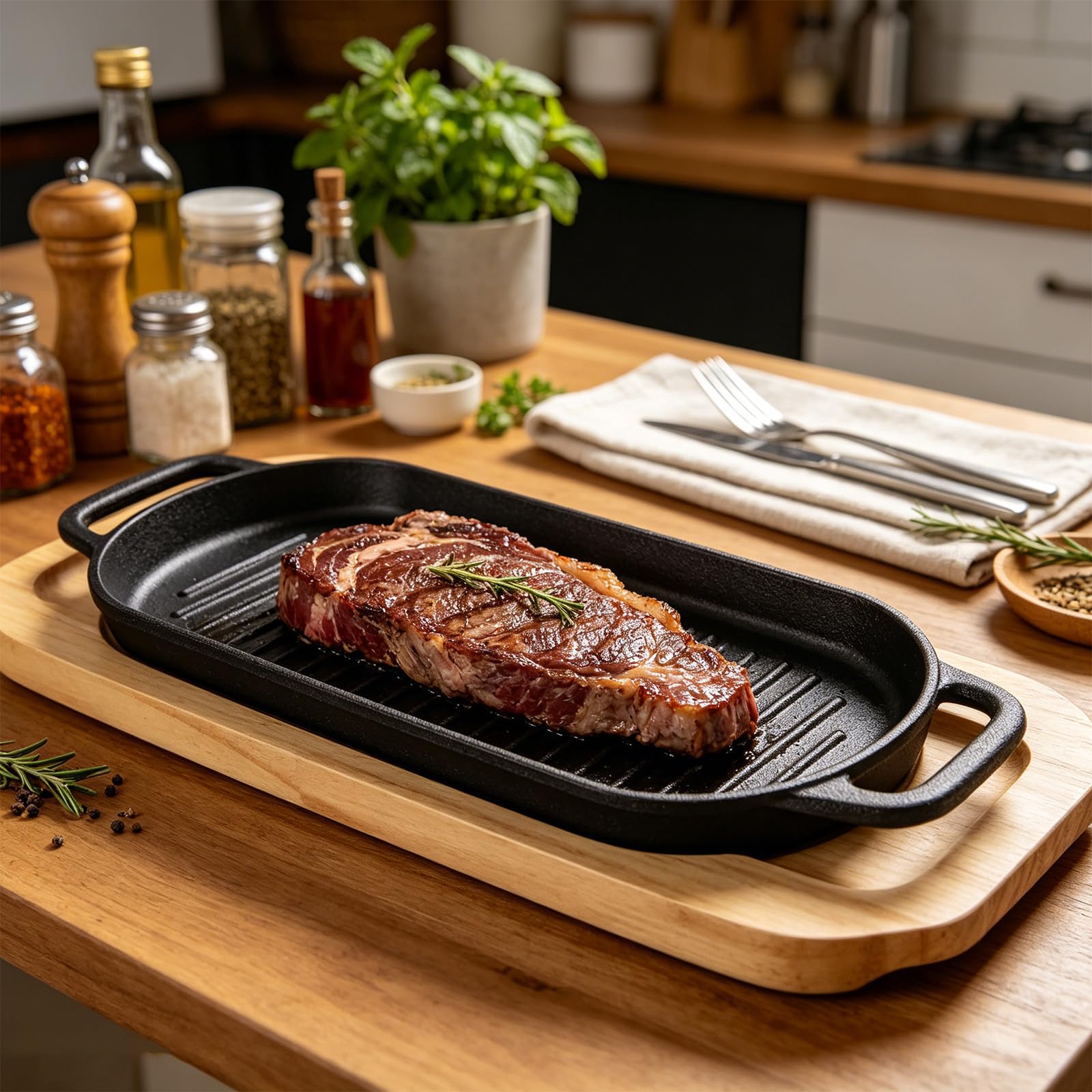 INOOMP Plato Caliente Ovalado de Hierro con Base de Madera y Mango