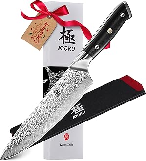 KYOKU Chef Knife - 8"- Shogun Series Japanese Style VG10 Steel Core Hammered Damascus Blade Kitchen Knife - with Sheath & Case
