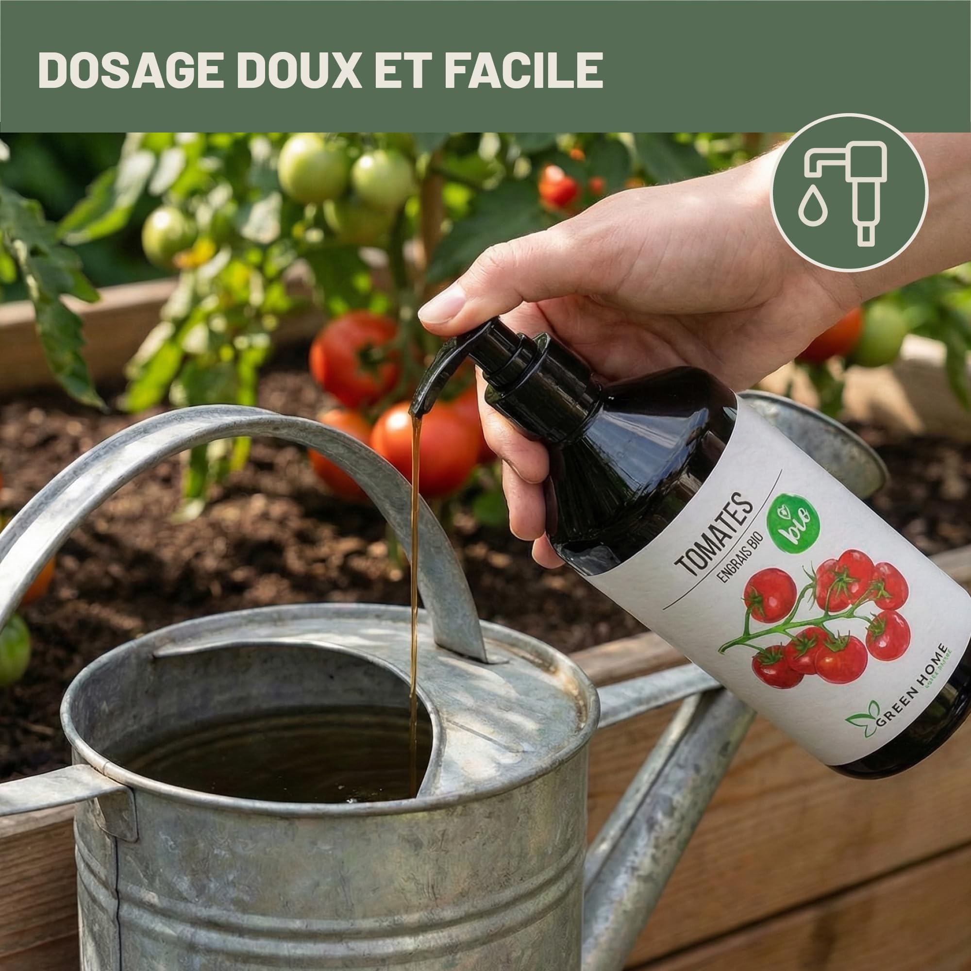 Green Home Engrais BIO Tomates 1 L avec pompe doseuse – Engrais tomates liquide NPK 3-2-6 riche en potassium et calcium – Pour potager, bac et serre