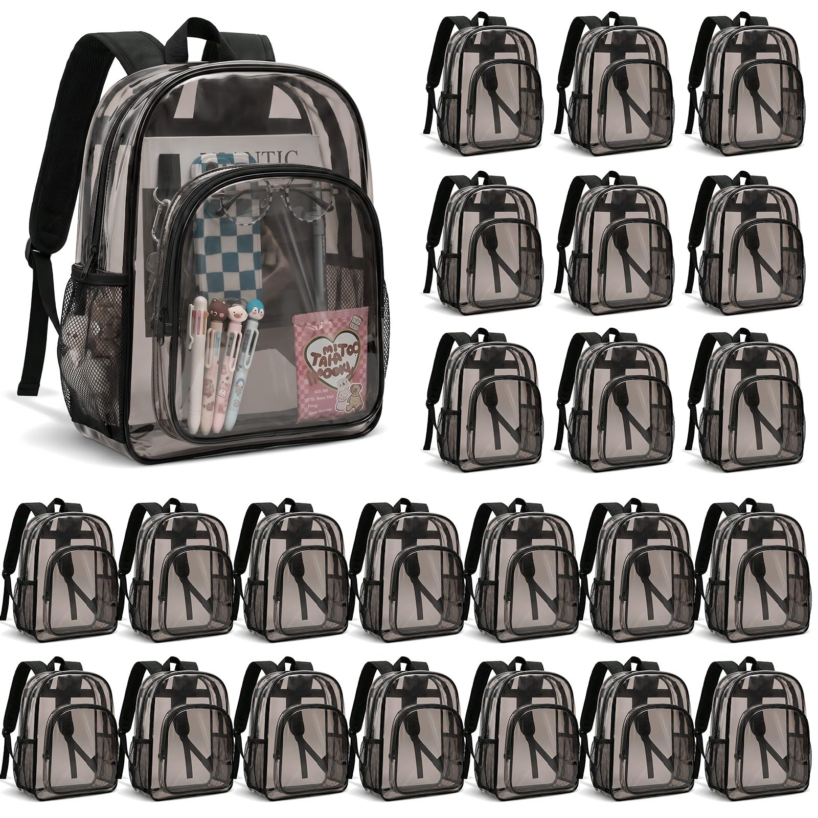 Amylove 24 Pcs Clear Backpack bulk for Stadium Events Heavy Duty PVC Transparent Bookbag for College Workplace Security (17 Inches,Dark Black)
