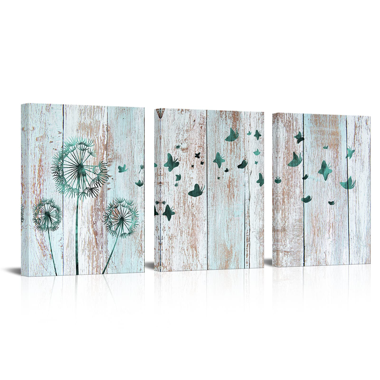 Visual Art Decor Rustic Teal Dandelion Butterflies Canvas Wall Art Prints Rustic Teal Home Bedroom Office Wall Decoration Framed Ready to Hang 12inx16inx3Pieces