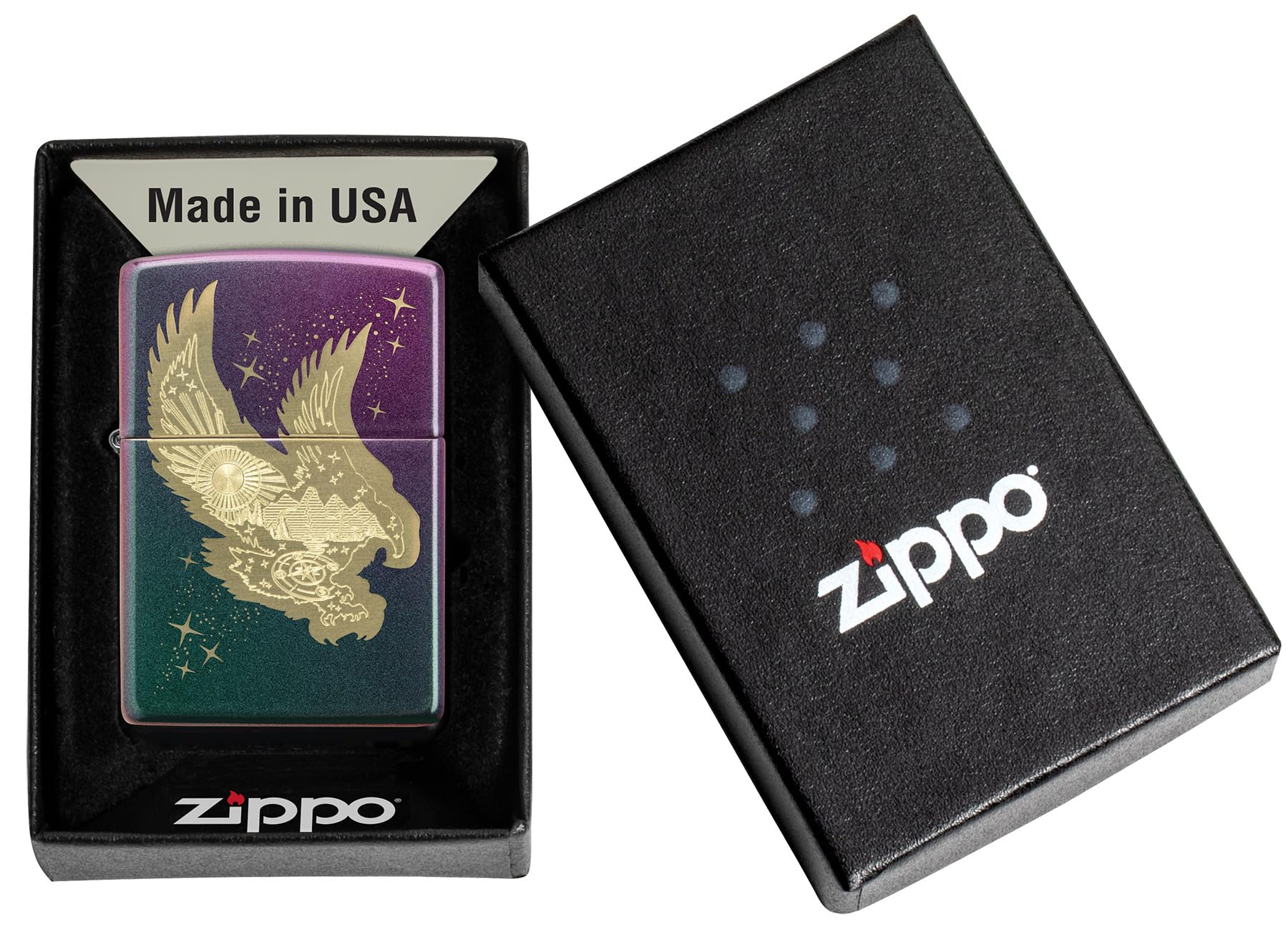Zippo Zapalniczka Sztormowa, Model Eagle, Fioletowe Opalizujące Wykończenie, Grawer Laserowy, do Napełniania, Wielokrotnego Użytku, Odporna na Wiatr, Pudełko Prezentowe, Wyprodukowana w USA