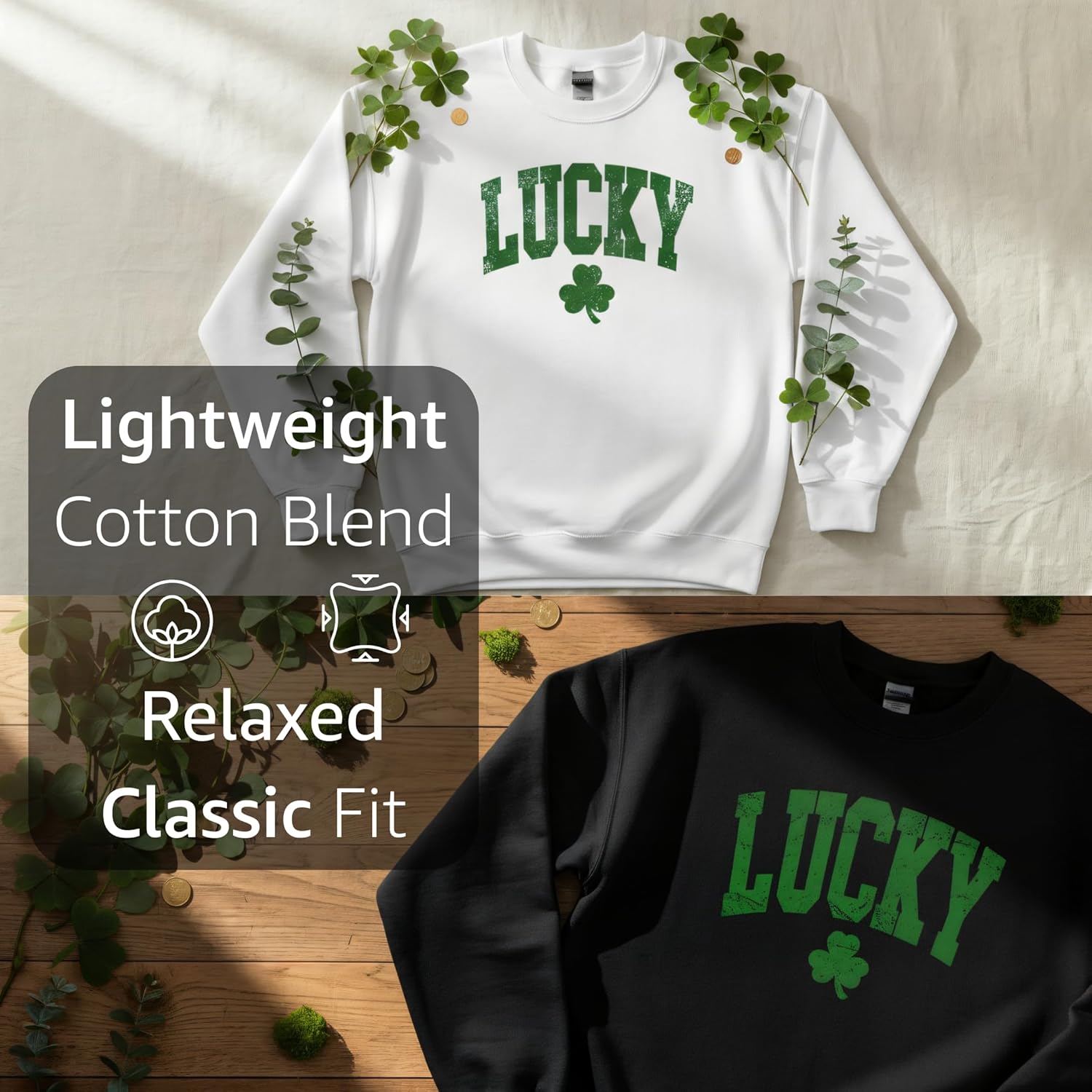 Lucky Shamrock Sweatshirt for Women, St. Patrick's Day, Lightweight Cotton Blend, Relaxed Classic Fit, Distressed Print - Image 5