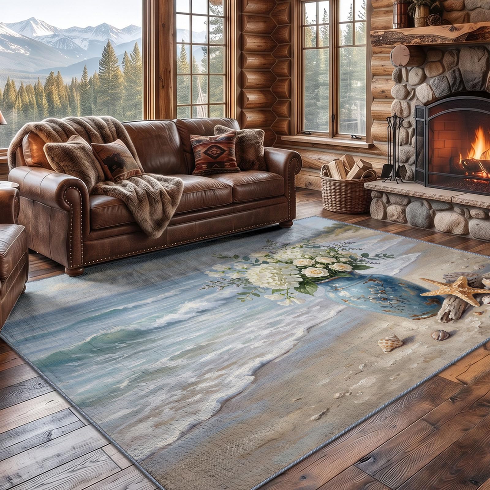 Générique Floristique Côtière Tapis de Salon Lavable en Machine 80 x 150 cm, Tapise antidérapant, Tapis de Chambre Style Plage Vagues Océaniques Compositions Florales pour Le Salon, l'entrée, Blanc