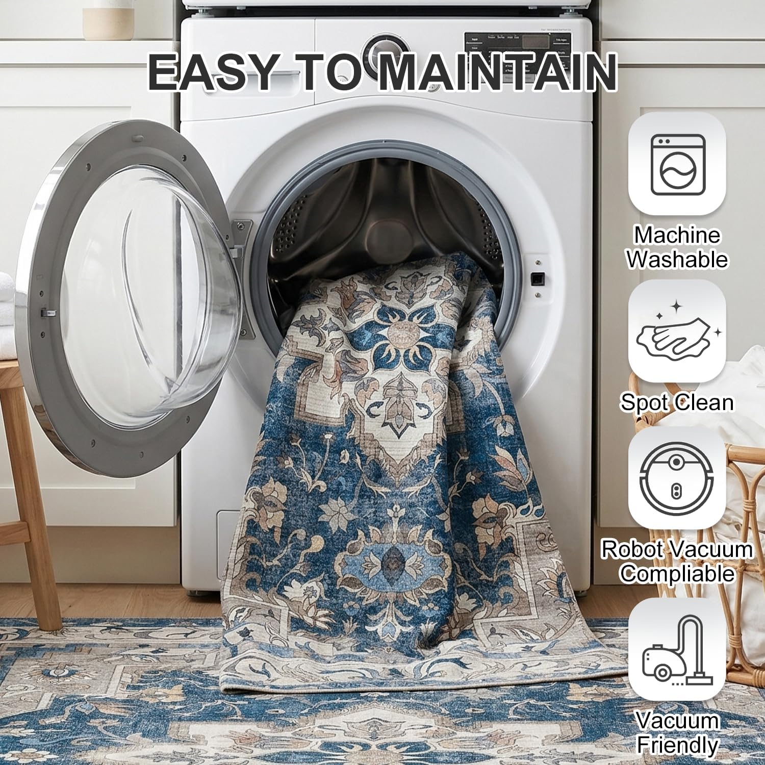 8'x10' Washable Area Rug, Vacuum Friendly Non Slip Low Pile Rug for Living Room Hardwood Floors, Large Vintage Boho Carpet, Blue Light Gray
