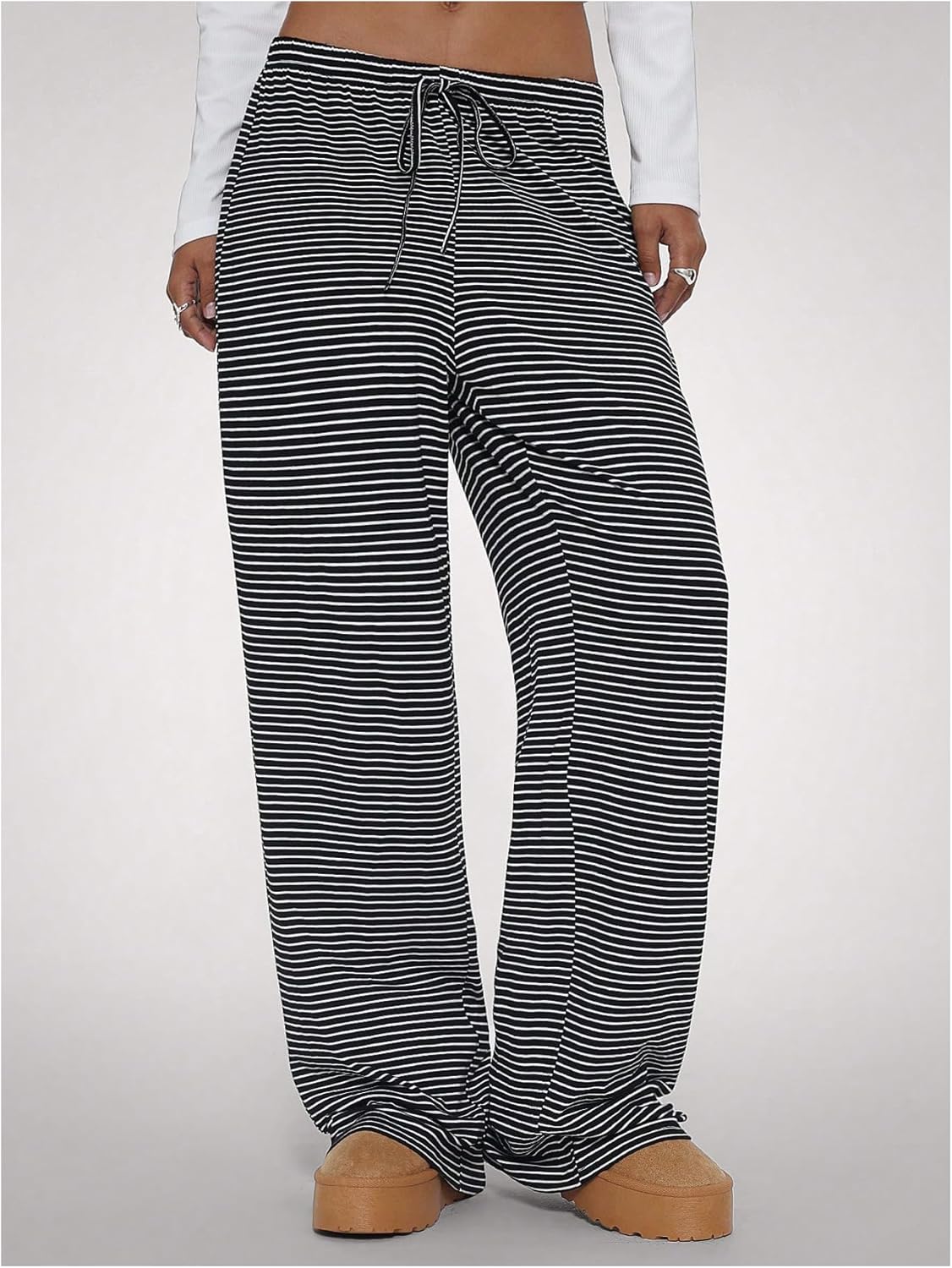 WDIRARA Women's Striped Drawstring Elastic Waist Pants Wide Leg Loose Lounge Pants - Image 3
