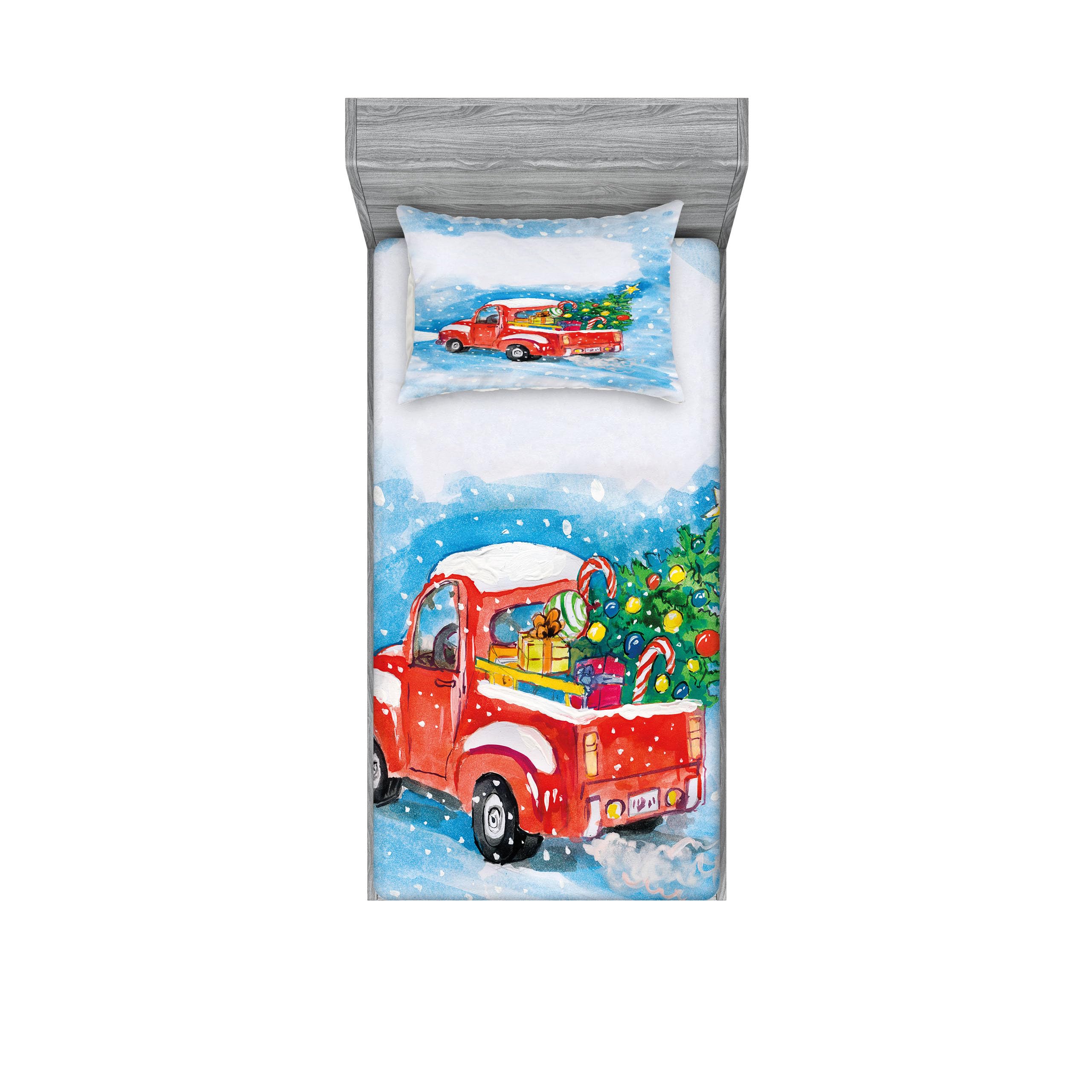 Ambesonne Christmas Fitted Sheet & Pillow Sham Set, Vintage Truck in Snowy Winter Scene Tree and Gifts Candy Cane Kids Print, Decorative Printed 2 Piece Bedding Decor Set, Twin, Blue White Red