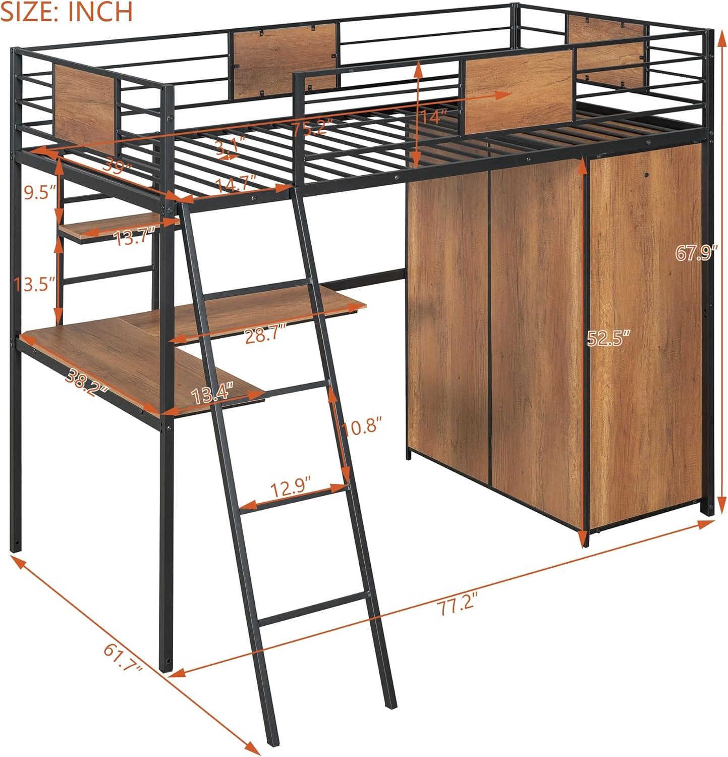 Twin Size Metal Loft Bed with Built-in L-Shape Desk and Wood Wardrobe, Heavy-Duty Slats Support Bed Frame with Guardrails and Ladders for Bedroom Dorm Children's Room, No Box Spring Needed