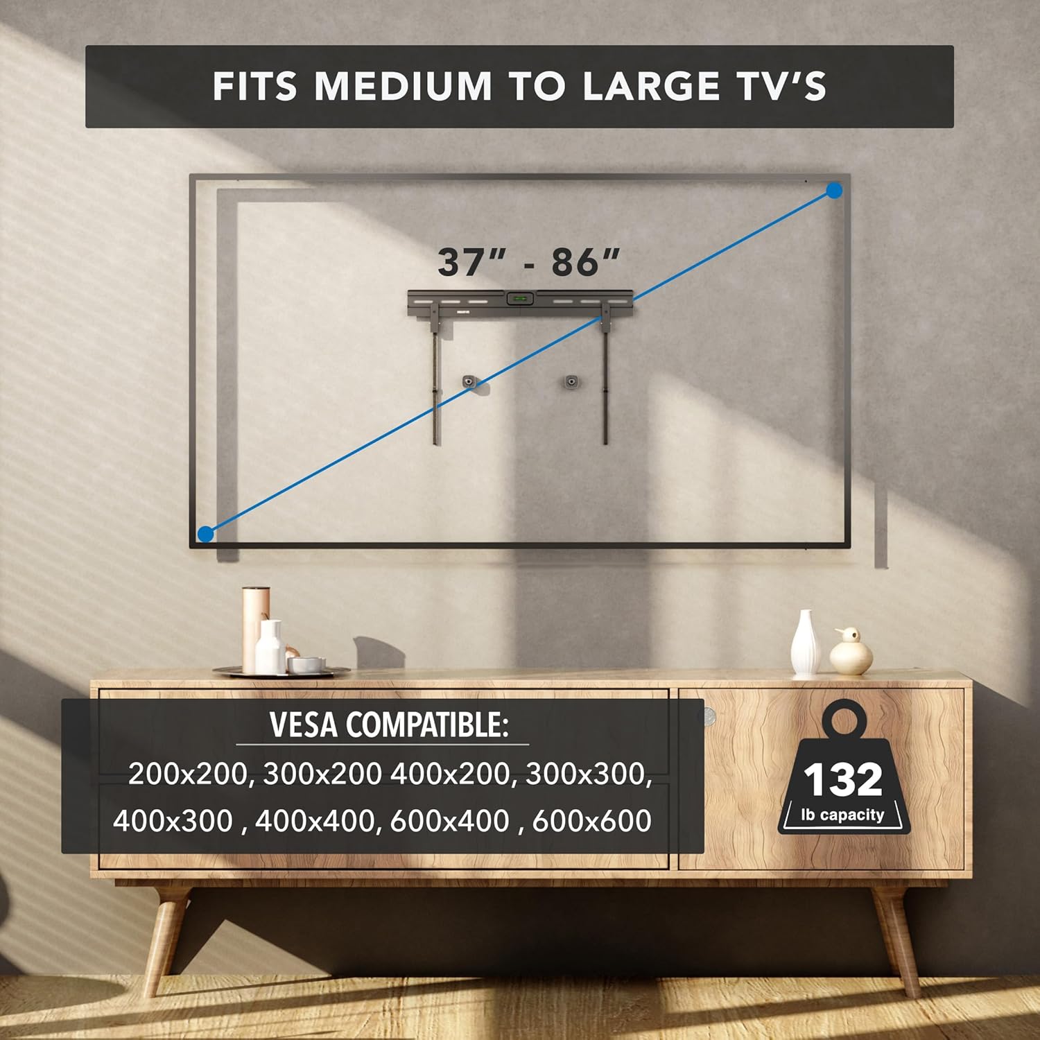 Mount-It! No Stud TV Wall Mount, Studless Drywall TV Bracket for 37–85 Inch Flat Screen TVs, No Drill Easy Install, Slim 1.1” Profile, Supports 110 lbs/132 lbs, VESA 200x200–600x600
