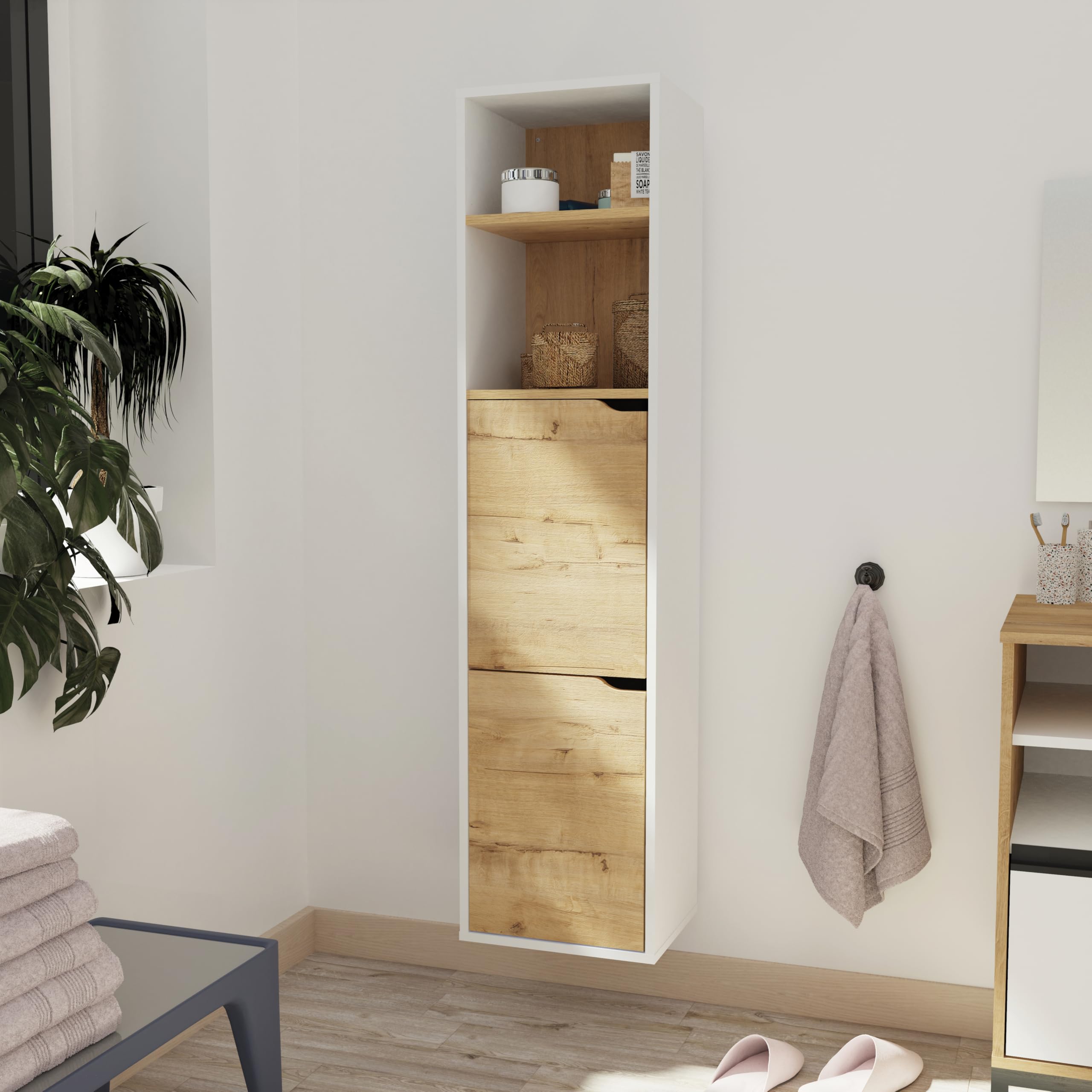 MUEBLES PITARCH Colonna da bagno sospesa Hardware inclusi, Armadio da bagno con 4 ripiani, 2 porte, bianco/rovere oro, 150 x 36,5 x 30 cm (altezza x larghezza x profondità), mobile ausiliario, moderno