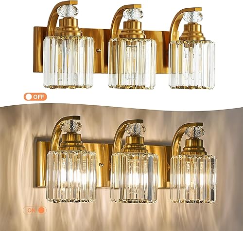 Miniatura 3 de Refice Lámpara de tocador de baño de cristal de 3 luces, accesorios modernos para baño, apliques de pared con acabado de latón cepillado dorado