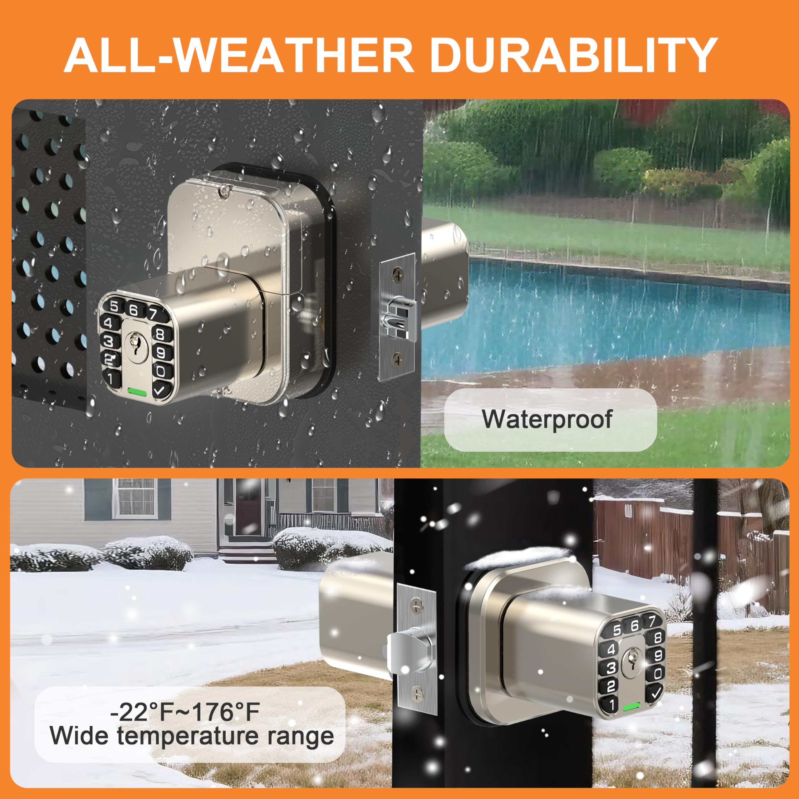Richelock IU52 - Cerradura de puerta con teclado de doble cara, para todo tipo de clima, totalmente impermeable, entrada sin llave con códigos programables de doble cara, misma llave en ambos lados