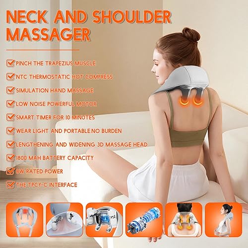 Miniatura 2 de gigididi Masajeador de cuello y hombros Shiatsu inalámbrico 6D con calor, motor sin escobillas recargable, intensidades ajustables, cabeza extendida