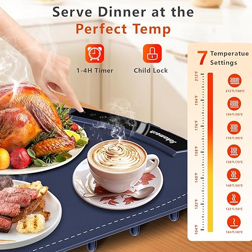Miniatura 2 de Tapete de calentamiento eléctrico para alimentos, bandeja de calentamiento de 23 x 16 pulgadas con 7 temperaturas ajustables, calentamiento rápido