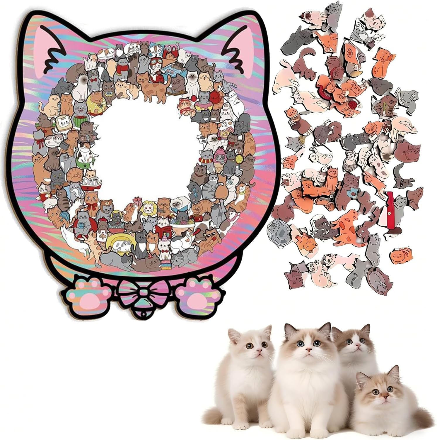 135pcs Cat Shaped Puzzle,135 Piece Coloured Wooden Jigsaw Puzzle for Adults,Cute Animal Cats Wood Puzzles,Gift for Cats Lovers Home & Relaxation