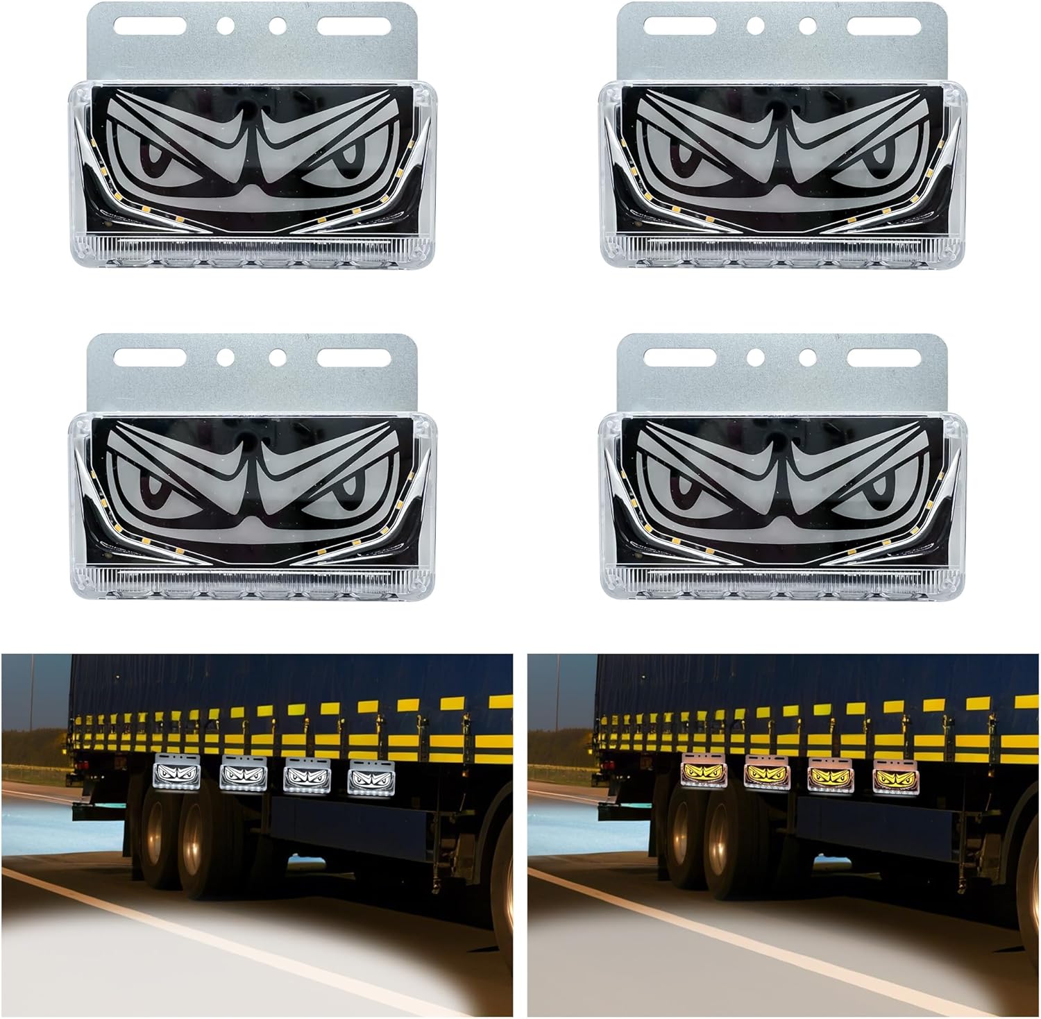 4 PCS 24V 5×4 Inch Truck Trailer Side Marker Indicator Lights – High-Intensity White Running Lights + Amber Turn Signal with 5-Color Demon Eye Options for Heavy Duty Trucks/Vans/RVs.