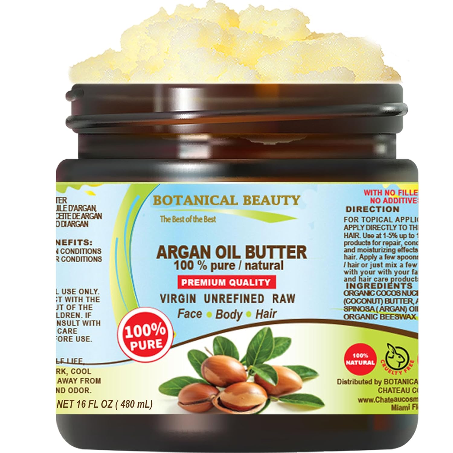 Botanical Beauty ARGAN OIL BUTTER RAW 100% Pure Natural VIRGIN UNREFINED Cold-Pressed for Face, Skin, Body, Hair, Lip, Nails. Rich in Vitamin E (16 Fl Oz)