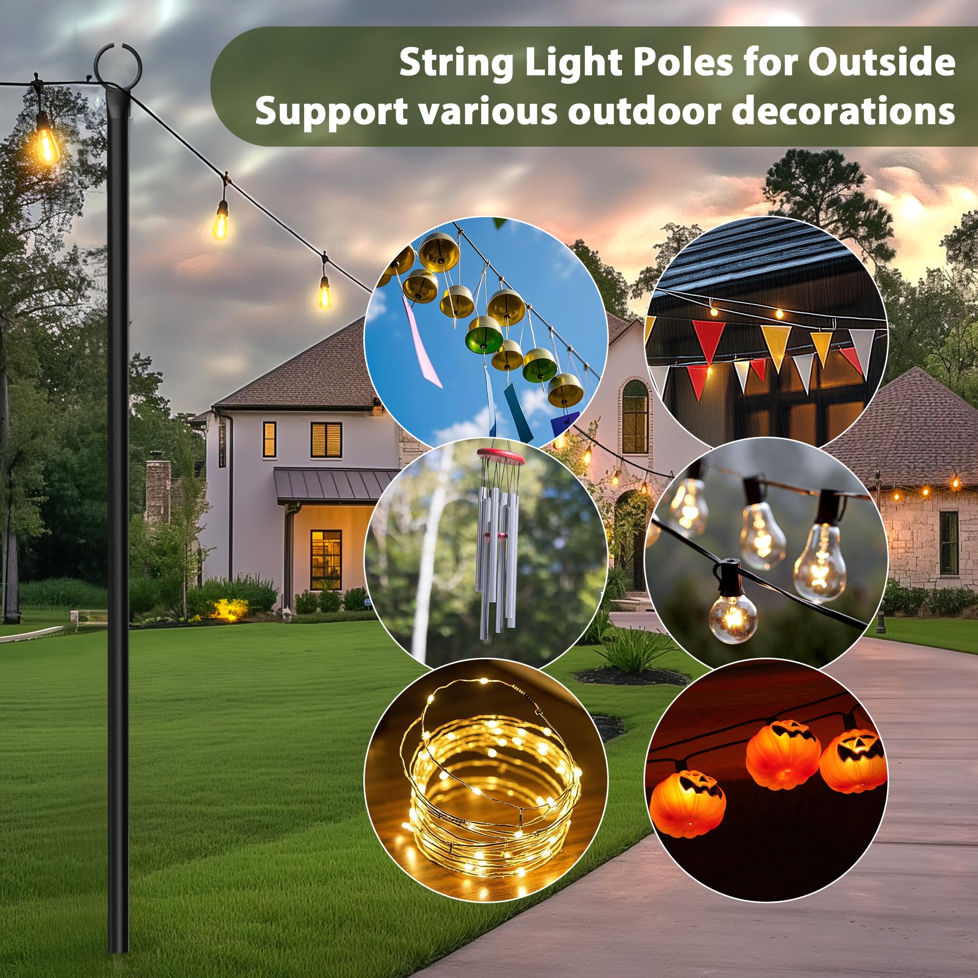 3,2 M Outdoor Stangen Lichterkette Schäferhaken, 2 Pack außen Metall String Light Poles,Lichterkettenstange Garten, Hirtenstab Laternenhalter Dekoration für Hof Bistro Party Familientreffen