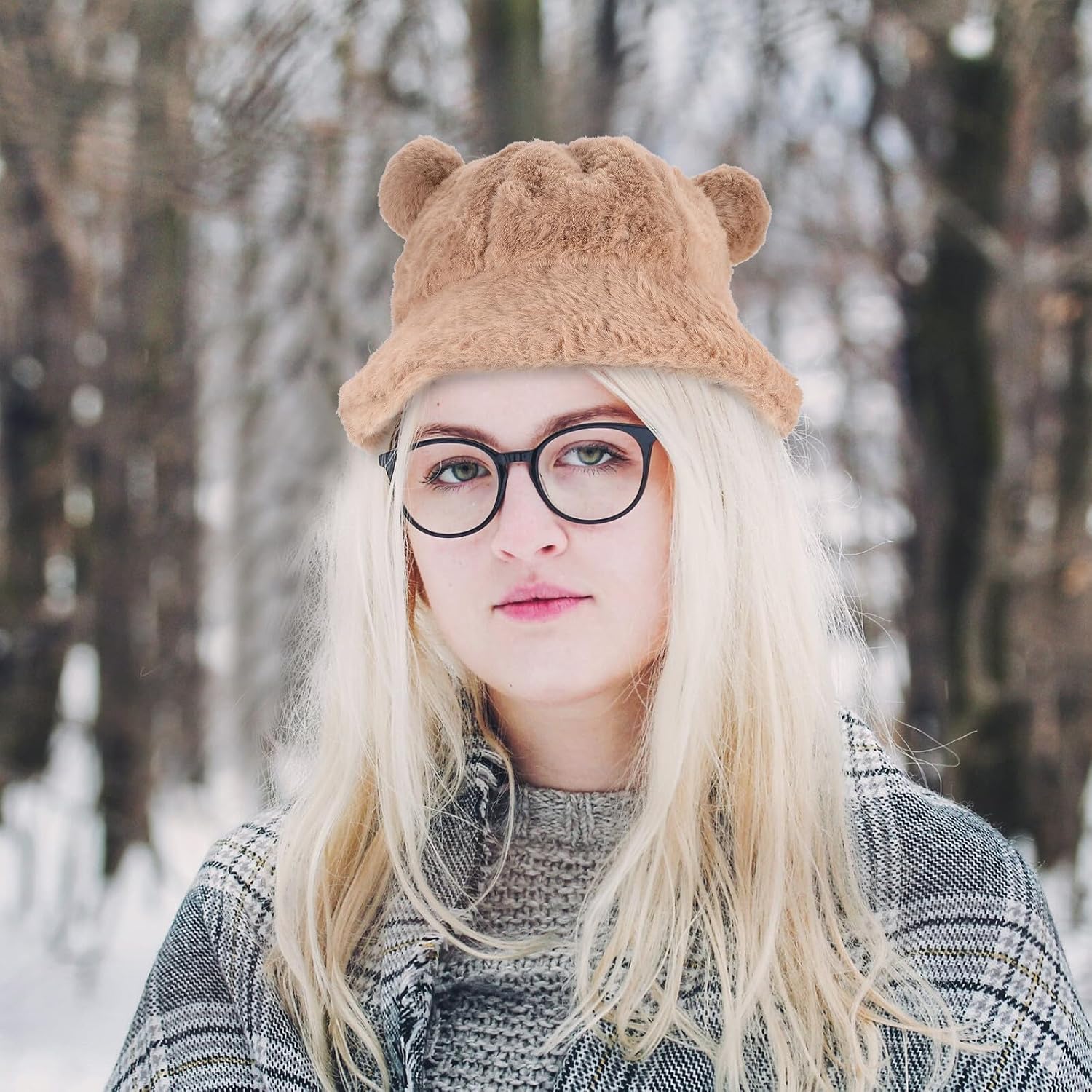 Plush Bear Ear Bucket Hat for Women, Warm Winter Outdoor Fisherman Cap, Light Coffee Soft Protective Plush Hat
