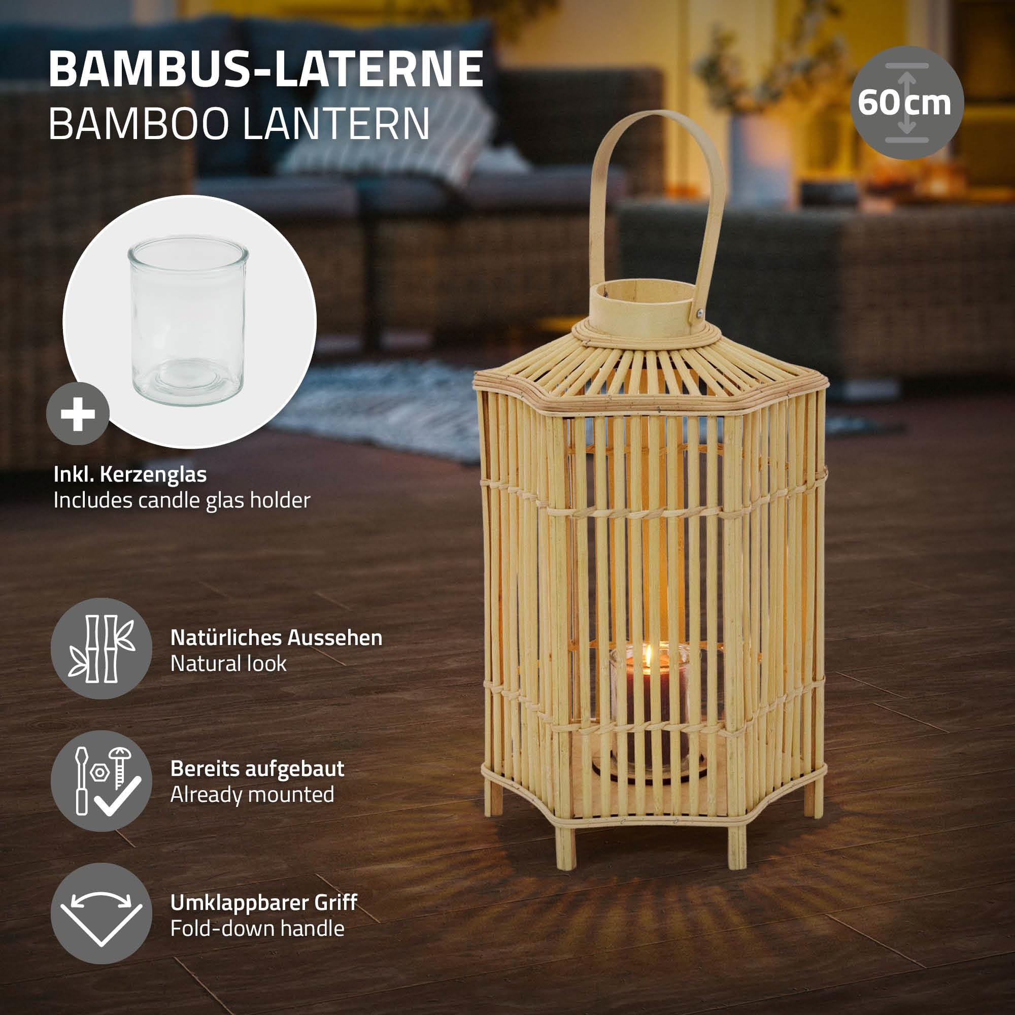 ECD Germany Linterna de Bambú Madera, 60 cm de Altura, Portavelas de Jardín con Asa y Inserto de Cristal, Farol de Estilo Boho, Lámpara Colgante Interior/Exterior Decorativo para Terraza, Balcón